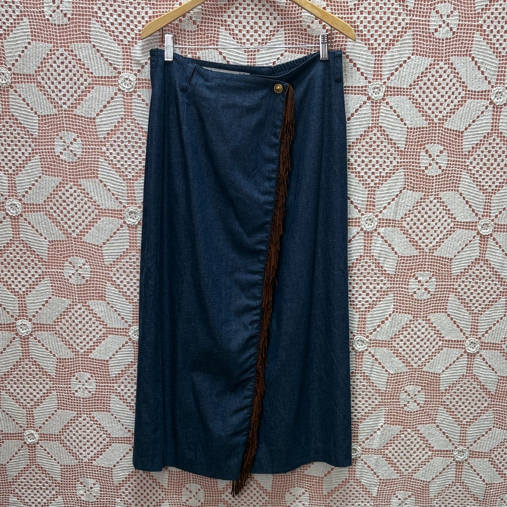 Vintage Zara Lange Denim Wrap Fringe Skirt Sz 8